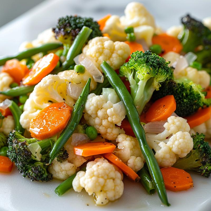 Close-up of steamed broccoli, cauliflower, carrots, and green beans on marble.