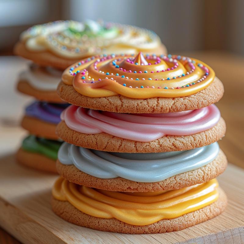 Three tulip-shaped cookies stacked on a light wood board.