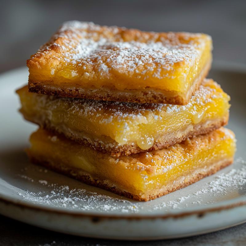 Three lemon bar cookies stacked on a light grey plate.