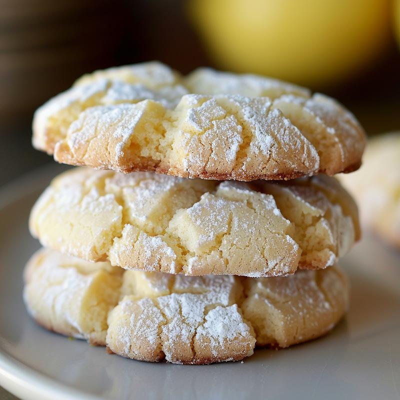 Stack of three lemon crinkle cookies on a light gray plate.