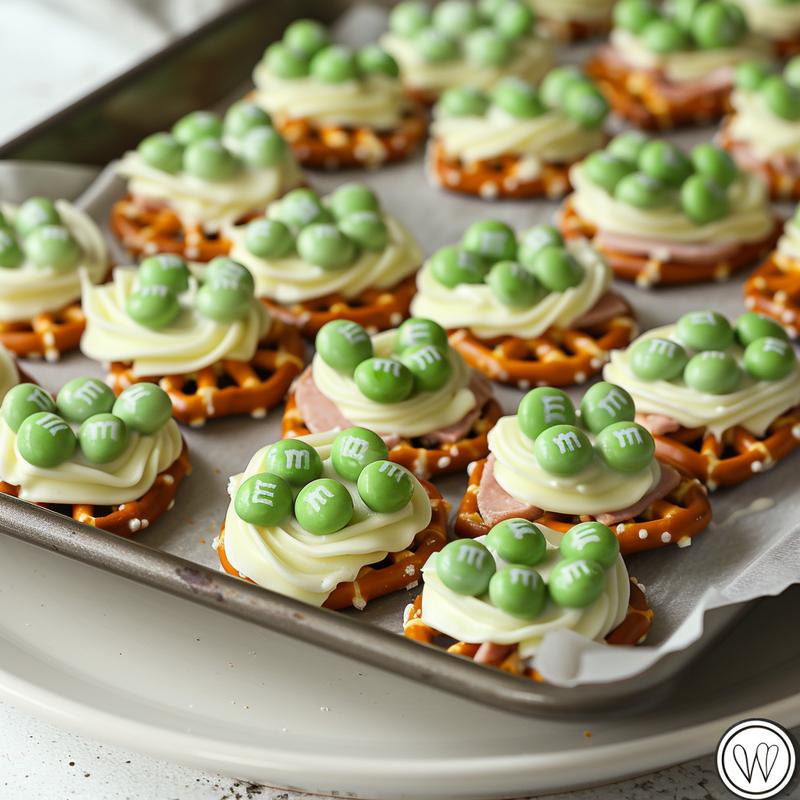 Close up of green and white chocolate covered pretzels with green M&Ms.