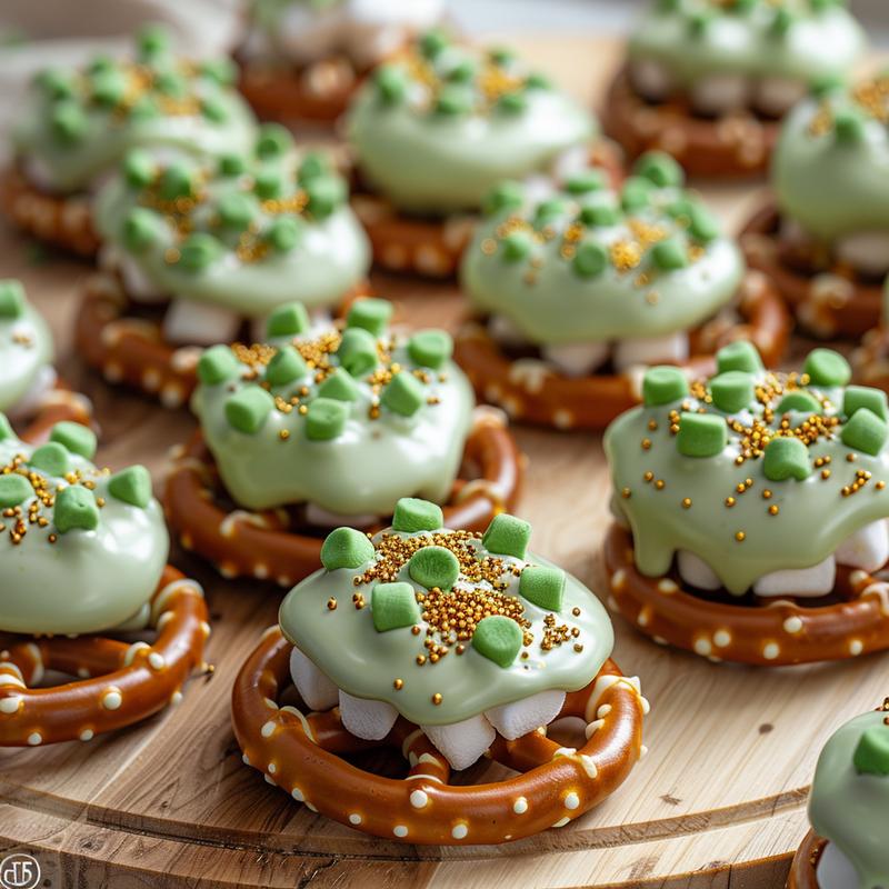 Close-up of green candy-coated pretzels with sprinkles and marshmallows on a wooden board.