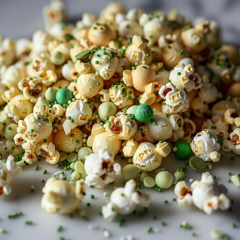 Close-up of St. Patrick's Day popcorn mix featuring popcorn, green candies, sprinkles, and white chocolate chips.