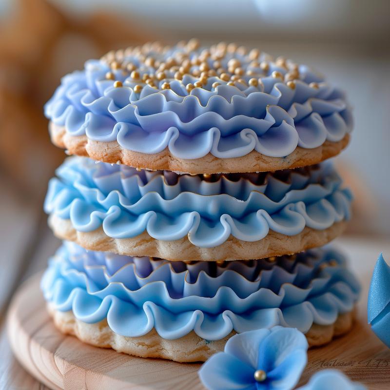 Stack of three sugar cookies decorated as blue and gold hydrangeas.