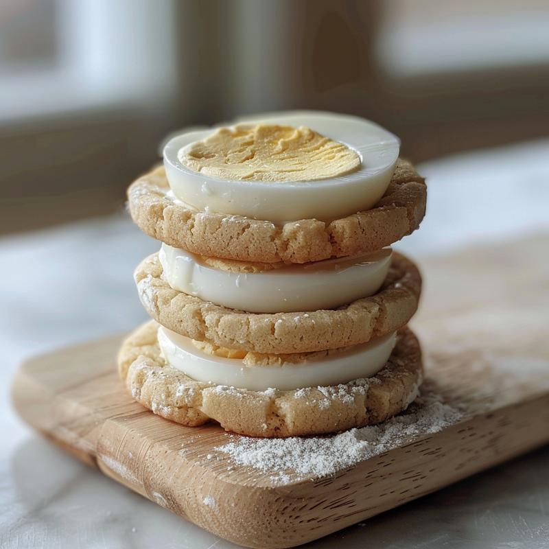Stack of three golden egg-shaped cookies on light wood.