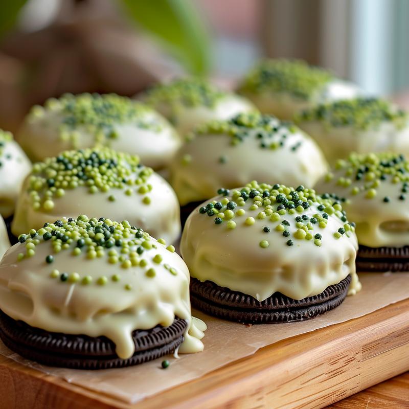 Close-up of green-sprinkled, white chocolate-covered Oreos on a wood surface.