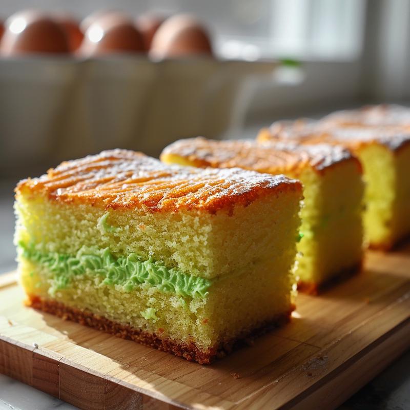 Close-up of bright green cake with visible ingredients on wood.