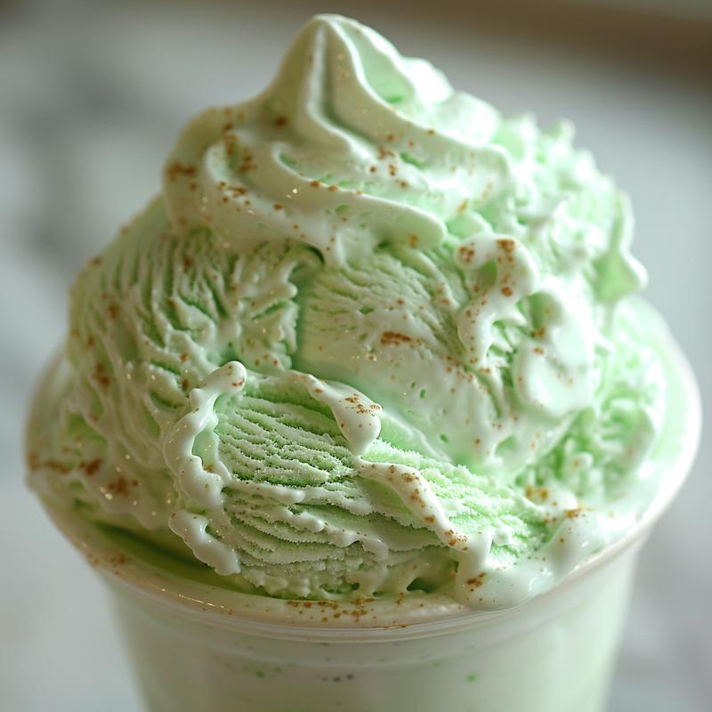 Close-up of a green shamrock shake with visible vanilla ice cream and ingredients on a white marble surface.