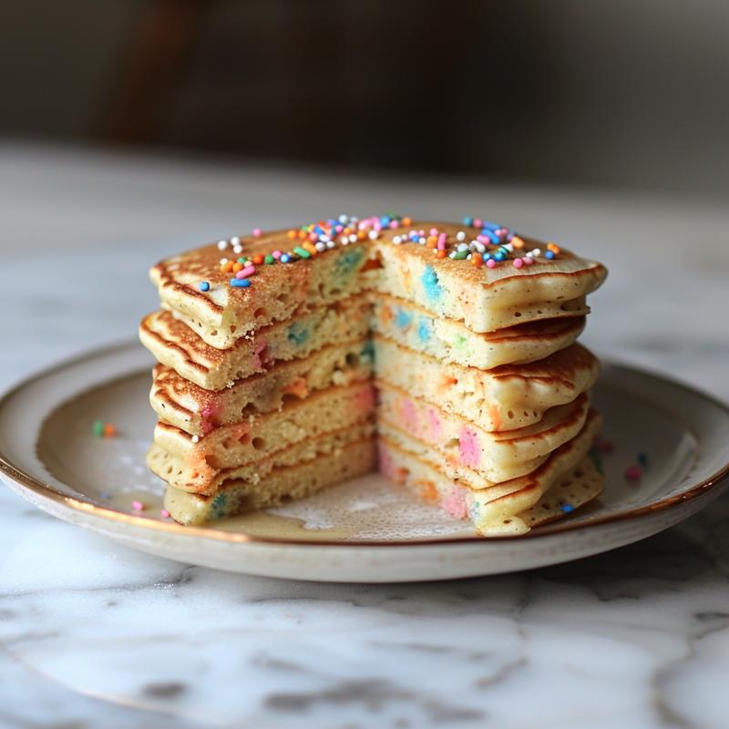 Close-up of a slice of colorful funfetti pancake on a white plate.