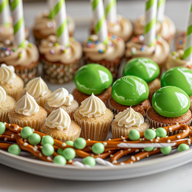 Close-up of a whimsical dessert made with pretzels, white chocolate, and green candies on a grey plate.