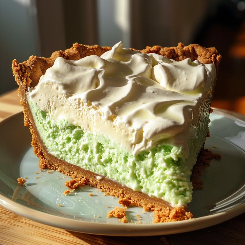 Close-up of a slice of green shamrock shake pie on a plate.