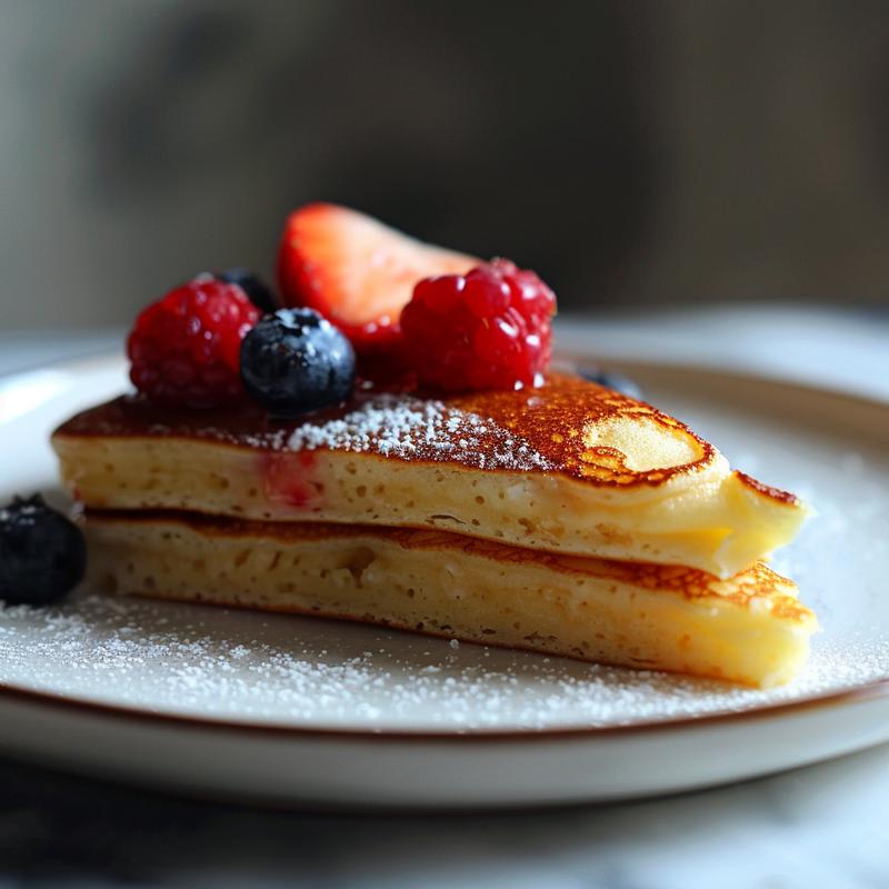 Close-up of heart-shaped pancake slice topped with berries on white marble.