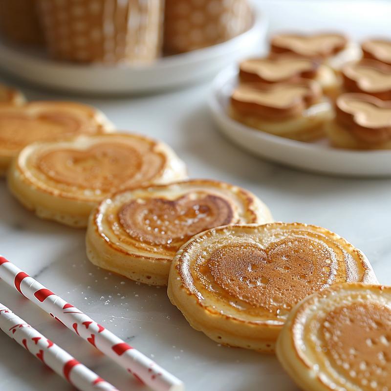 Close-up of a Valentine's breakfast featuring heart-shaped pancakes and crumpets on white marble.