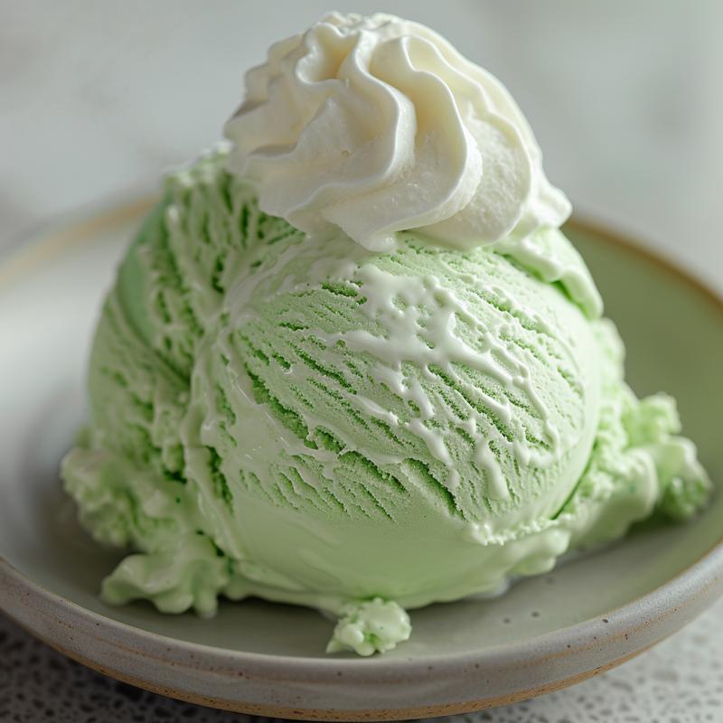 Close-up of a green slushie with visible ice cream and whipped cream.