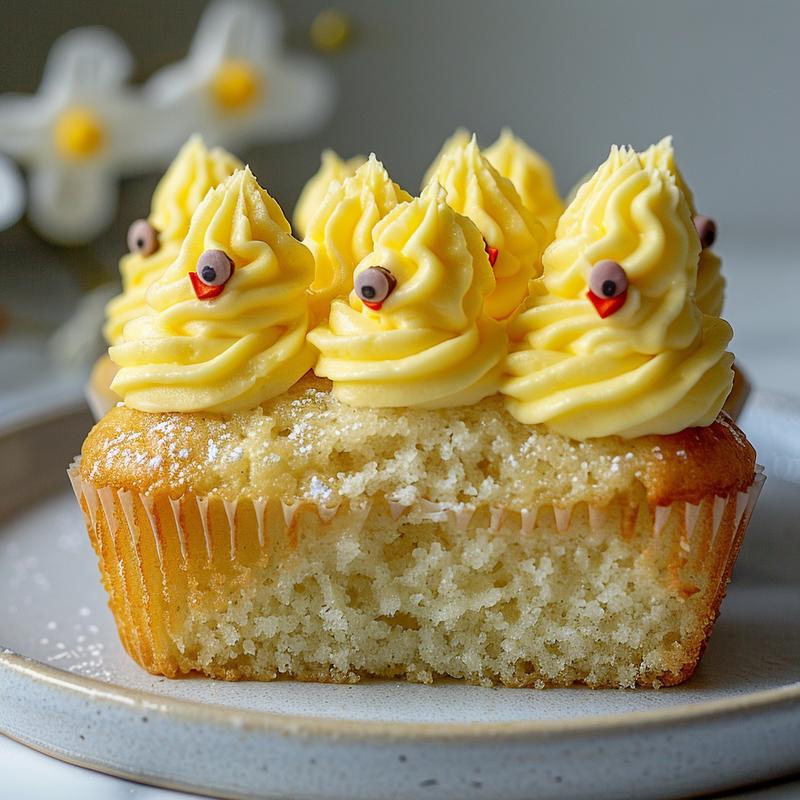 Close-up of a yellow buttercream frosted cupcake decorated to look like an Easter chick.