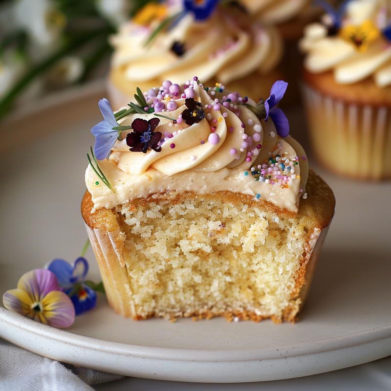 Close-up of a floral decorated cupcake slice on a grey plate.