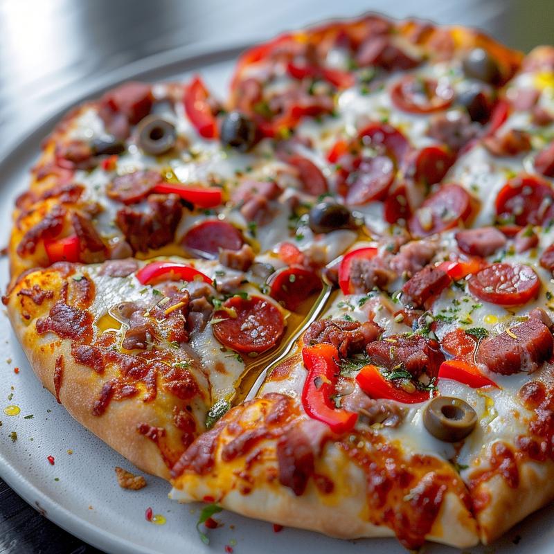 Close-up of a heart-shaped pizza with visible toppings on a light grey plate.