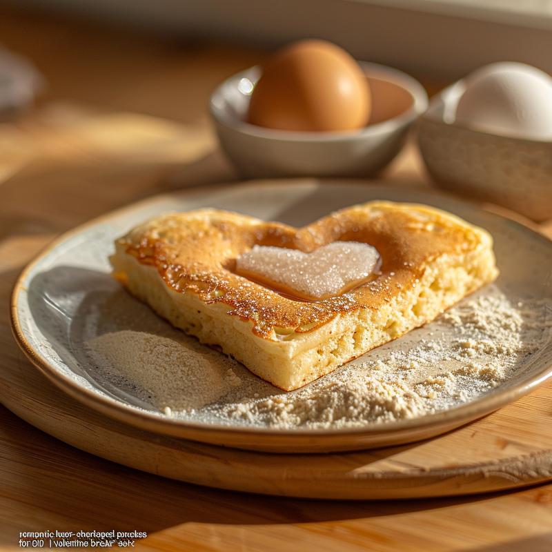 Close-up of a heart-shaped pancake slice on a plate.