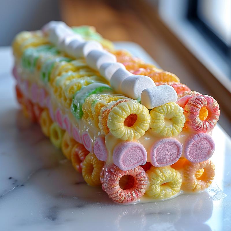 Close-up of fruit loop marshmallow rainbows on white marble.