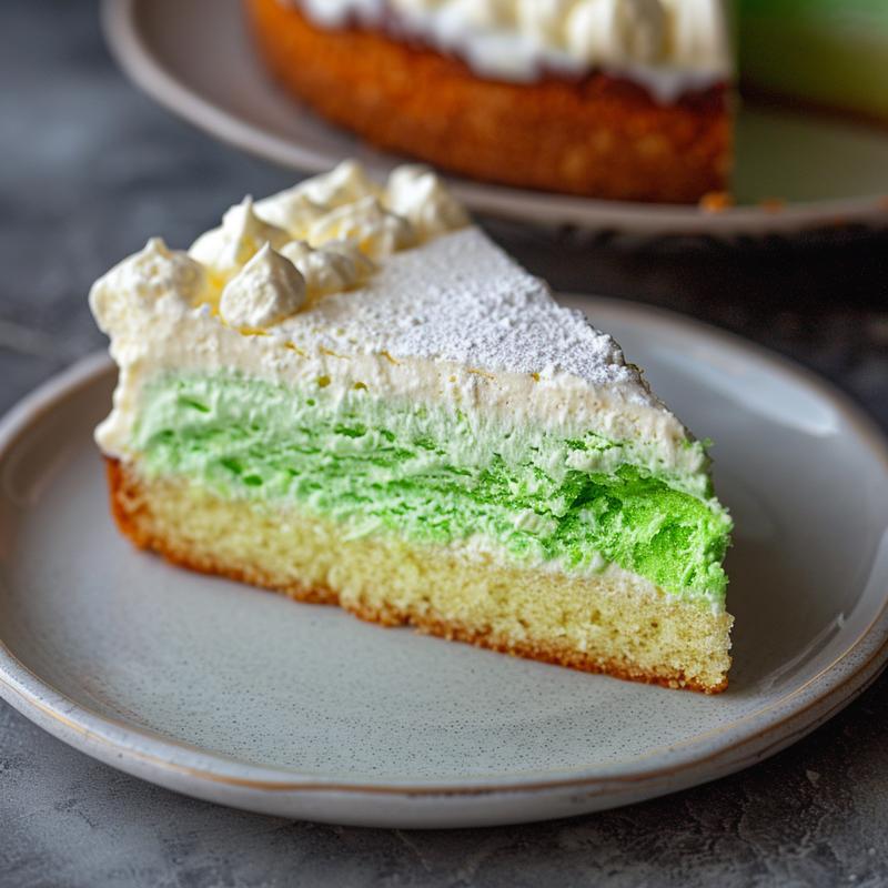 Close-up of a slice of green and white layered cake on a grey plate.