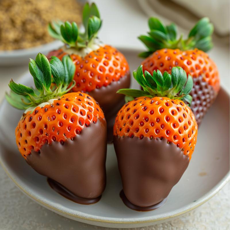 Close-up of chocolate-covered strawberries styled as Easter carrots on a light grey plate.