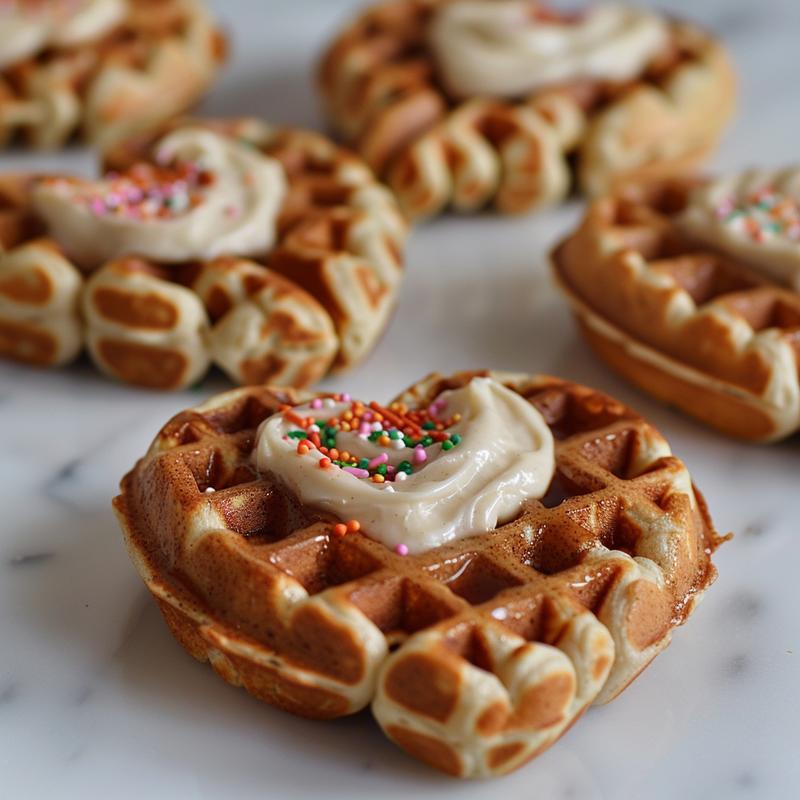 Heart-shaped cinnamon roll waffles on a marble surface, drizzled with frosting and sprinkles.
