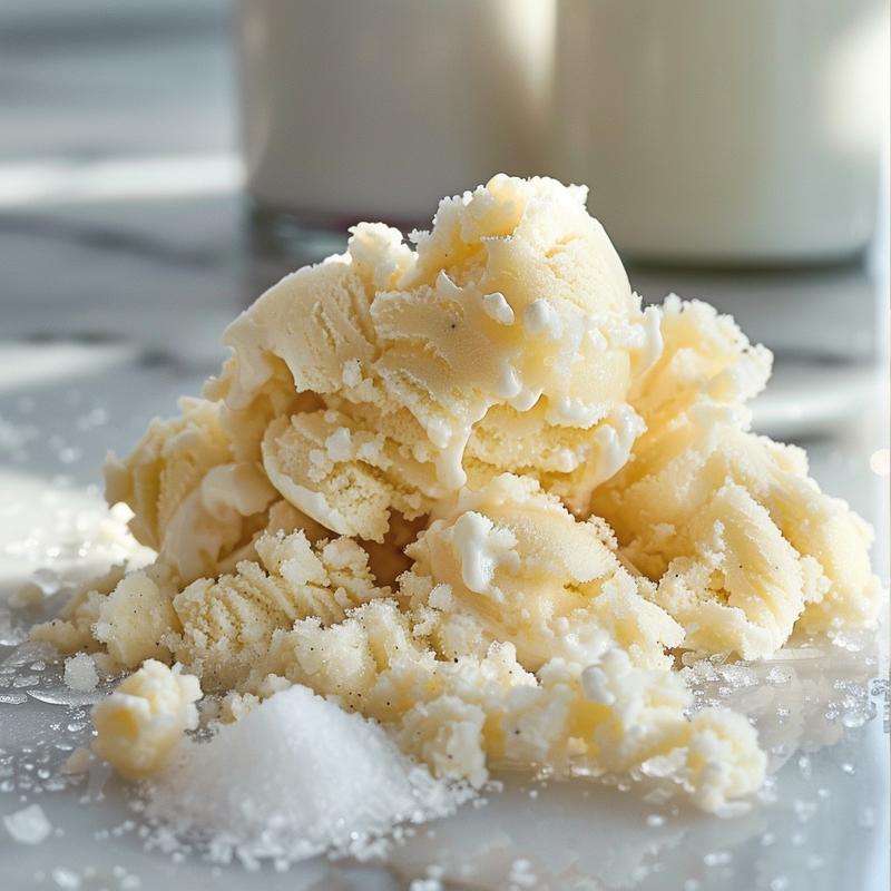 Close-up of snow ice cream ingredients: snow, milk, sugar, vanilla on white marble.