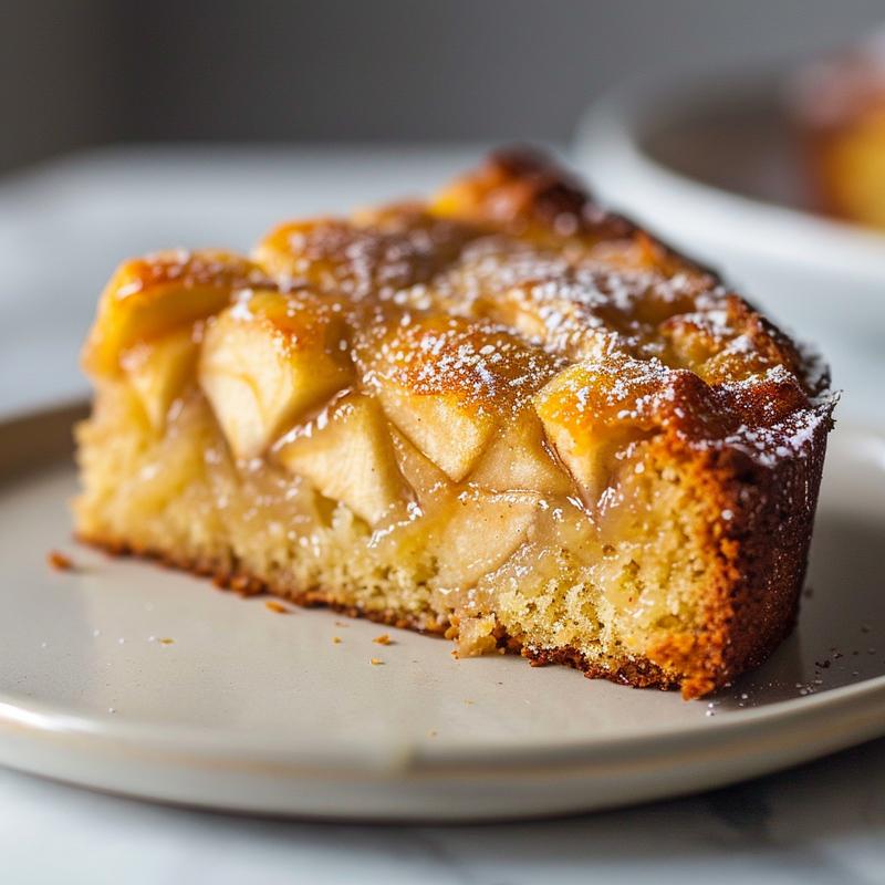 Close-up of a slice of gluten-free apple cake on a white plate.