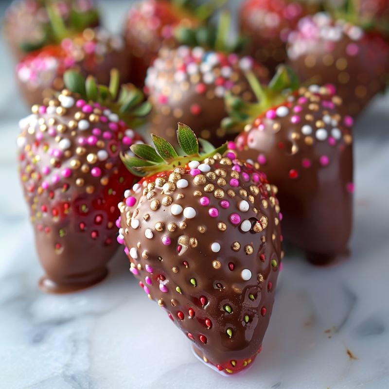 Close-up of chocolate-covered strawberries with Easter sprinkles on a white marble surface.