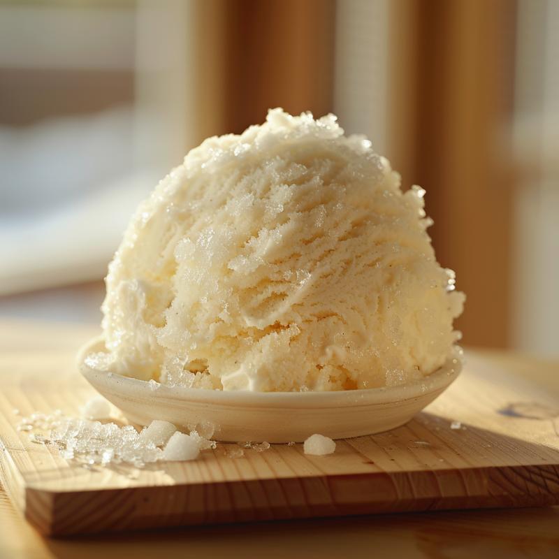 Close-up of snow ice cream on wood, showing texture and ingredients.