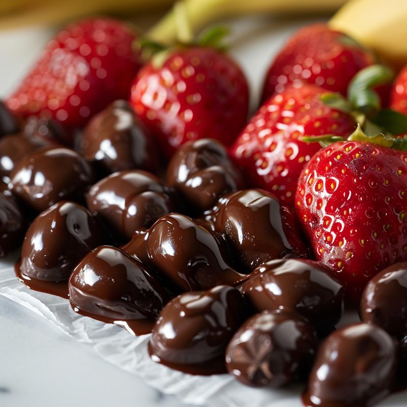 Chocolate-covered strawberries, bananas, and grapes on white marble.