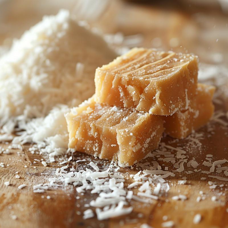 Close-up of Irish potato candy resembling small potatoes coated in coconut.
