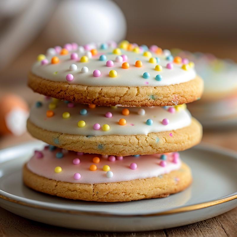 Stack of three frosted spring cookies on a light grey plate.