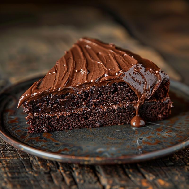 Close-up of a slice of dark chocolate Guinness cake with creamy buttercream frosting on a plate.