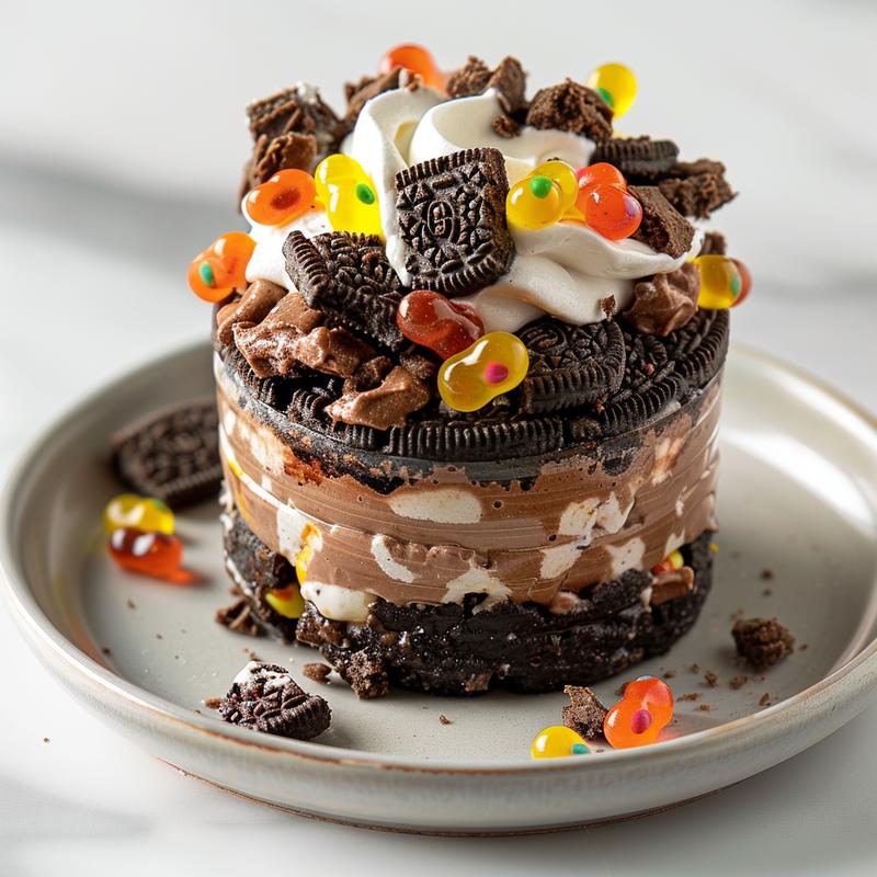 Close-up of an Easter dirt cup dessert with Oreo crumbs, chocolate pudding, whipped topping, and gummy worms.