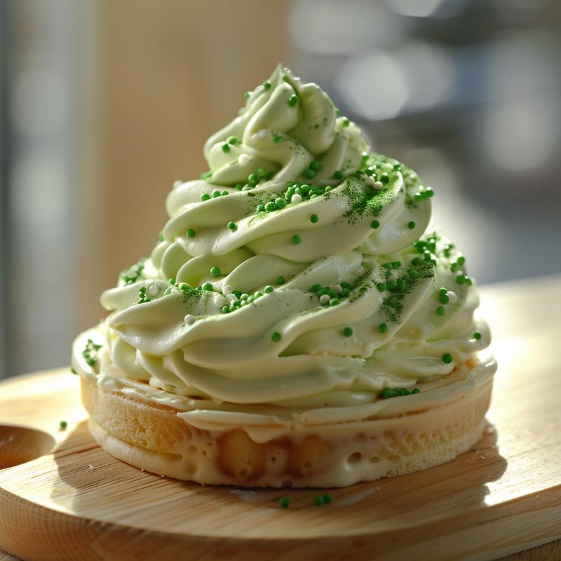 Close-up of a St. Patrick's Day themed beverage with green coloring, whipped cream, and optional sprinkles.