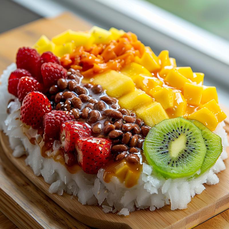 Close-up of Bingsu with red bean, fruit, and rice cake.