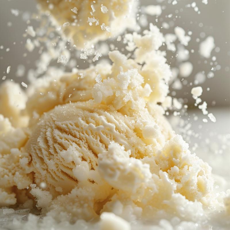 Close-up of white snow ice cream with visible sugar granules on a marble surface.