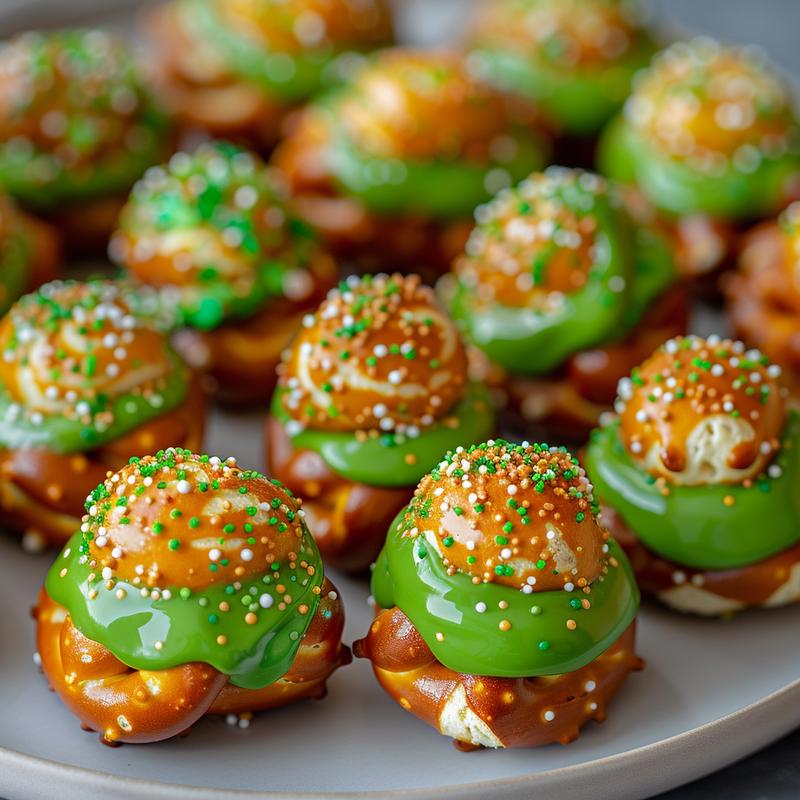 Close-up of shamrock-shaped pretzel bites with green candy melts and sprinkles.