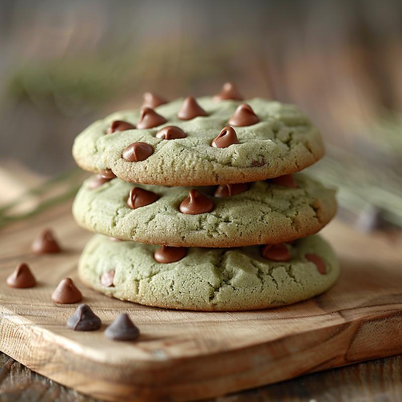 Stack of three green chocolate chip cookies on wood.