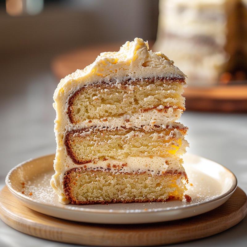 Close-up of a slice of floral-decorated cake on a wooden board.