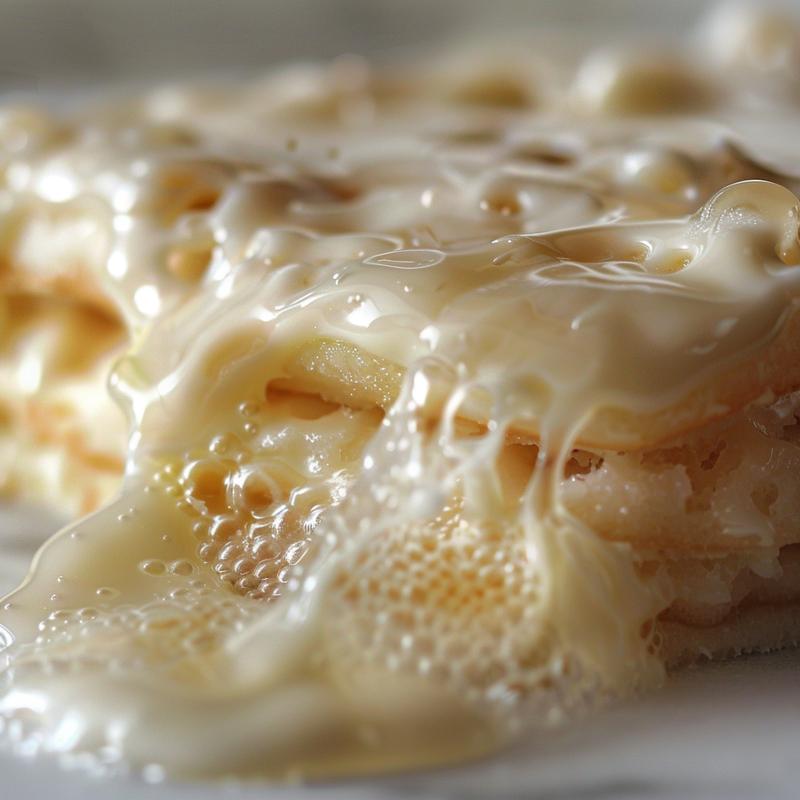 Close-up of three white royal icing consistencies on marble.