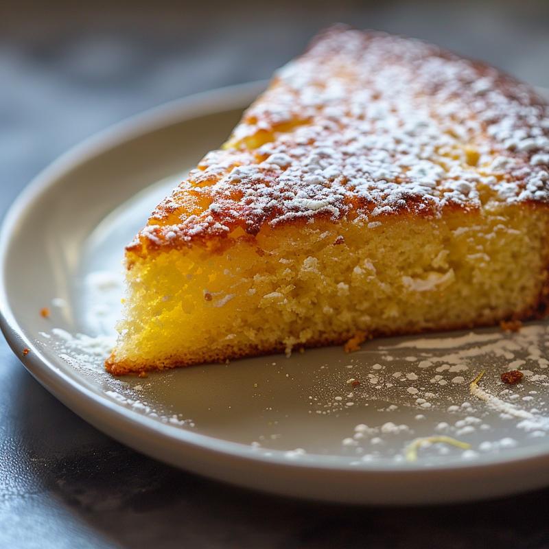 Close-up of a slice of lemon cake with white frosting on a grey plate.