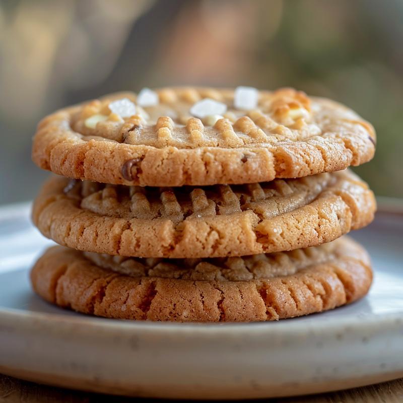 Three stacked cookies on a light grey plate, close-up view.