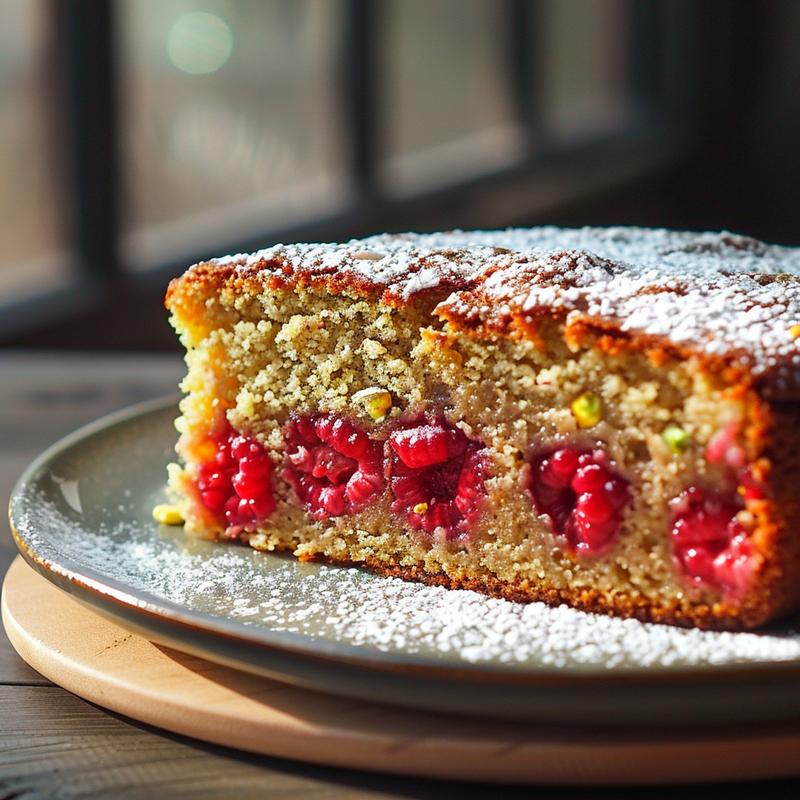 Close-up of a slice of pistachio raspberry cake on a plate.