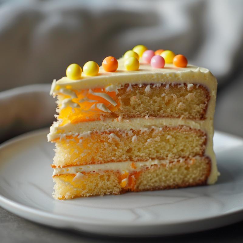 Close-up of a slice of yellow cake with buttercream frosting and orange candies on a gray plate.