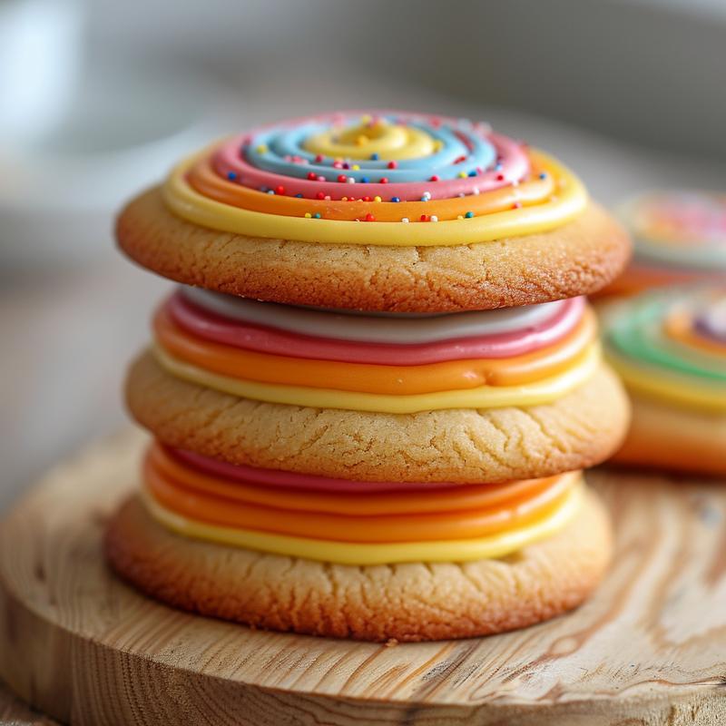 Three tulip-shaped cookies stacked on a light wood board.