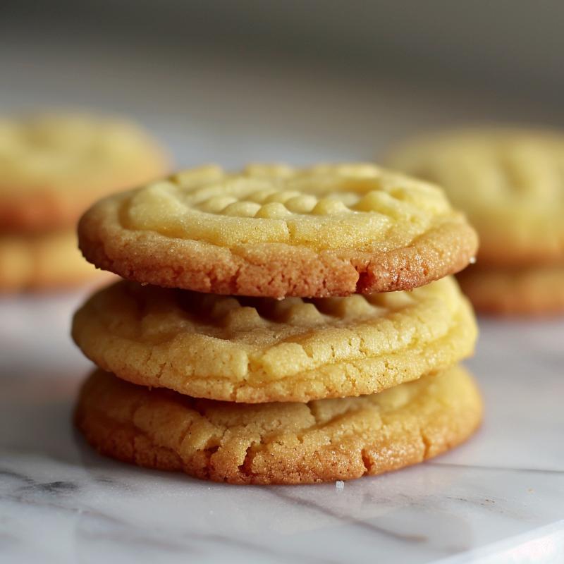 Stack of three lemon cookies on white marble.
