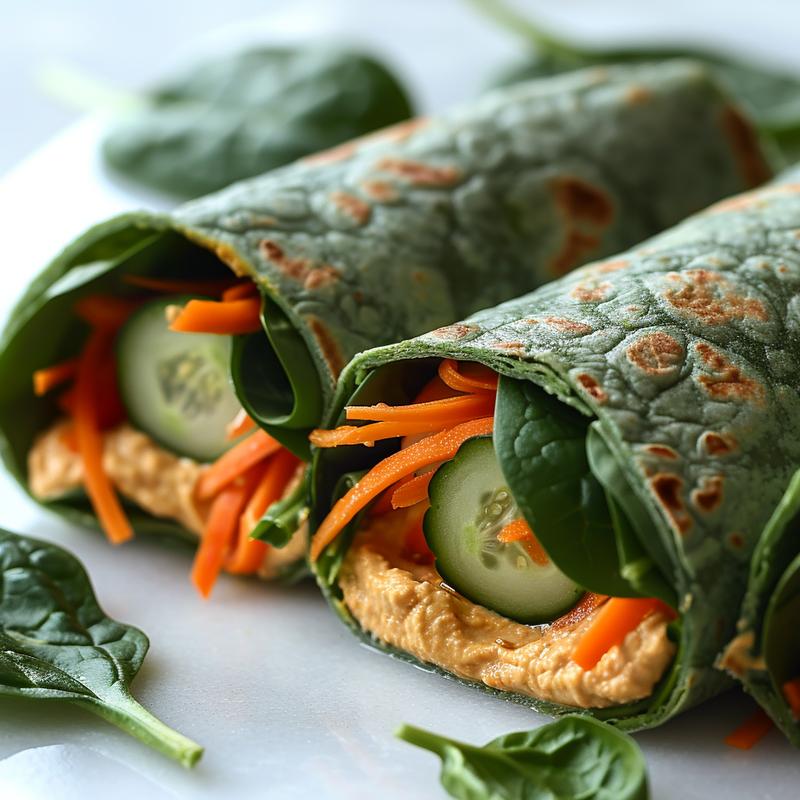 Close-up of a veggie spinach wrap with hummus on white marble.