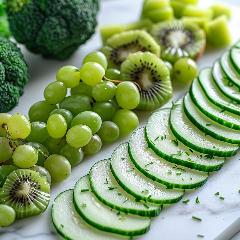Close-up of a green charcuterie board with various fruits and vegetables on white marble.